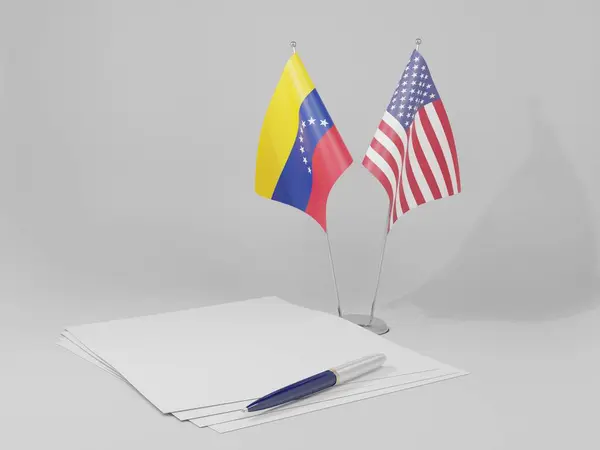 Amerikas Förenta Stater Venezuelaavtalet Flaggor Vit Bakgrund Render — Stockfoto