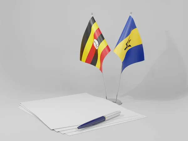 Barbados Banderas Del Acuerdo Uganda Fondo Blanco Render —  Fotos de Stock