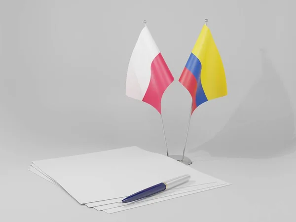Kolumbia Lengyelország Megállapodás Zászlók Fehér Háttér Render — Stock Fotó