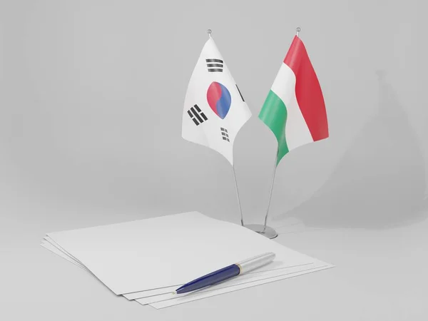 Σημαίες Της Συμφωνίας Ουγγαρίας Νότιας Κορέας Λευκό Φόντο Render — Φωτογραφία Αρχείου