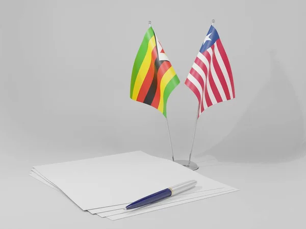 Libéria Bandeiras Acordo Zimbábue Fundo Branco Render — Fotografia de Stock
