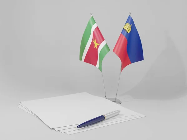 Liechtenstein Suriname Overeenkomst Vlaggen Witte Achtergrond Render — Stockfoto