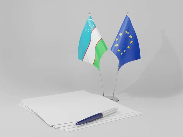Drapeaux Accord Union Européenne Ouzbékistan Fond Blanc Render — Photo