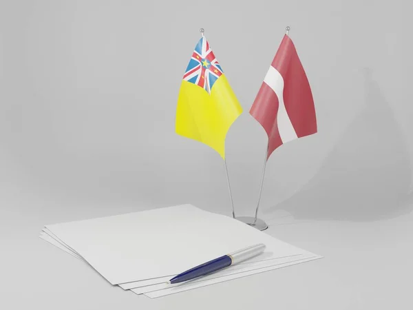 拉脱维亚 纽埃协定旗帜 白色背景 3D渲染 — 图库照片
