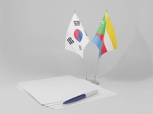 Comores Acordo Coreia Sul Bandeiras Fundo Branco Render — Fotografia de Stock