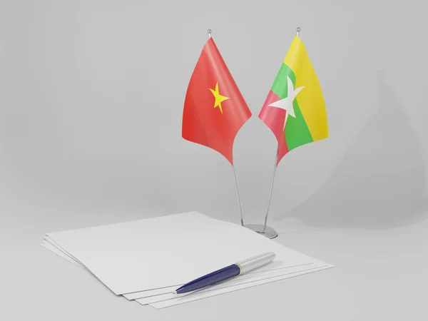 Myanmar Banderas Del Acuerdo Vietnam Fondo Blanco Render — Foto de Stock