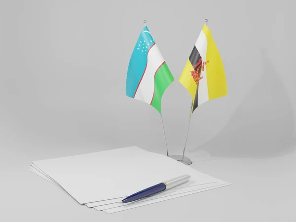 Brunei Uzbekistan Agreement Flags White Background Render — стокове фото