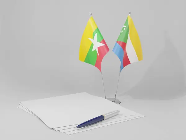 Comoros Myanmar Agreement Flags White Background Render — Stock Photo, Image