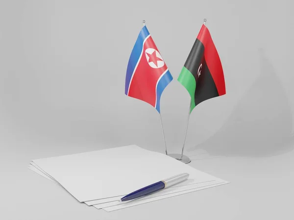 Λιβύη Συμφωνία Της Βόρειας Κορέας Σημαίες Λευκό Φόντο Render — Φωτογραφία Αρχείου