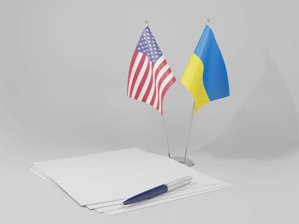 Ukrayna - Amerika Birleşik Devletleri Anlaşması Bayrakları, Beyaz Arkaplan - 3D Hazırlama