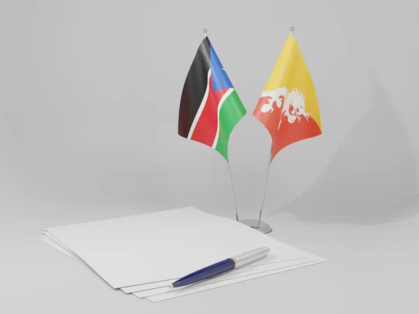 Butão Sul Sudão Acordo Bandeiras Fundo Branco Render — Fotografia de Stock