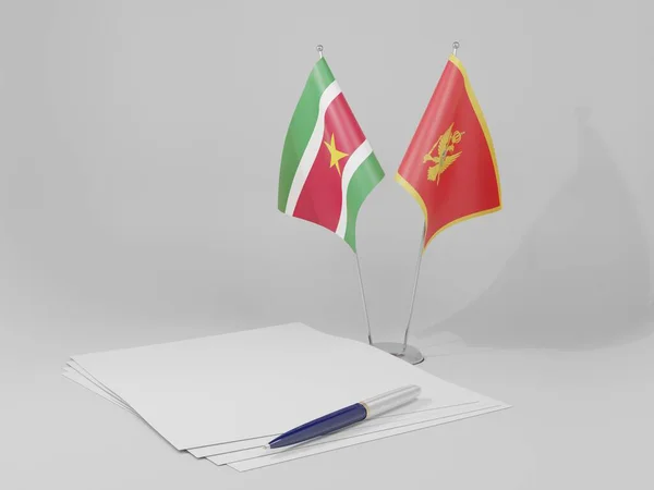 Montenegro Suriname Overeenkomst Vlaggen Witte Achtergrond Render — Stockfoto