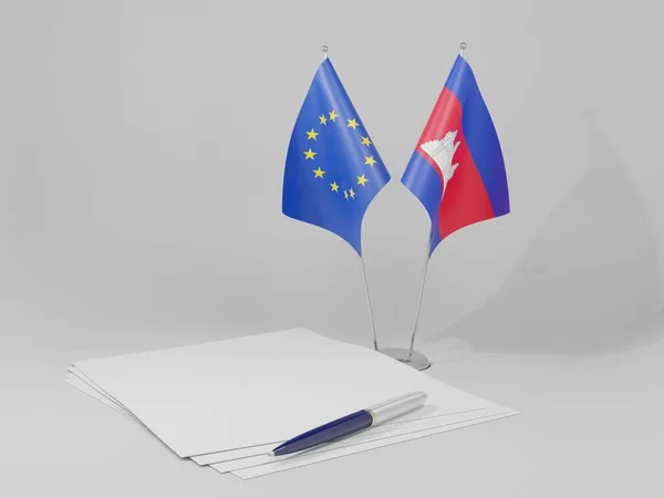 Cambodia European Union Agreement Flags White Background Render — Stock Photo, Image