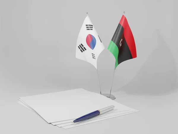 Libya - Güney Kore Anlaşması Bayrakları, Beyaz Arkaplan - 3D Hazırlama