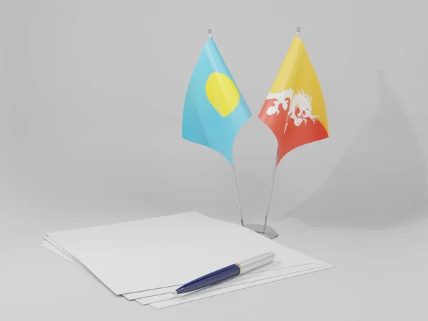 Bhutan Palau Avtal Flaggor Vit Bakgrund Render — Stockfoto