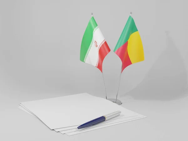 Bandeiras Acordo Benin Irã Fundo Branco Renderização — Fotografia de Stock