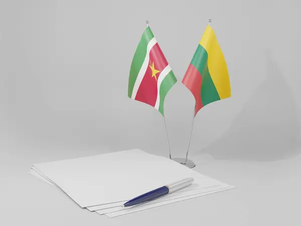 Lituania Banderas Del Acuerdo Surinam Fondo Blanco Render — Foto de Stock