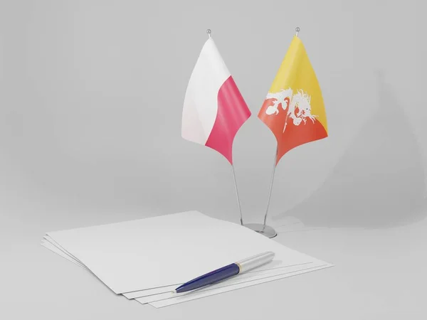 Bután Banderas Del Acuerdo Polonia Fondo Blanco Render —  Fotos de Stock