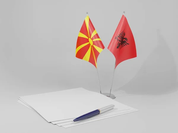 Albania Banderas Del Acuerdo Macedonia Fondo Blanco Render —  Fotos de Stock