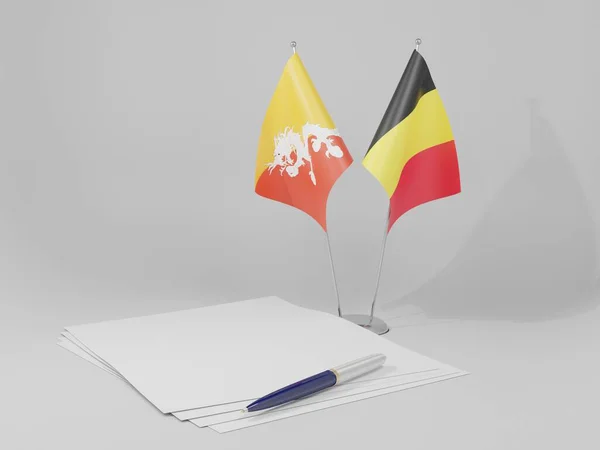Bélgica Banderas Del Acuerdo Bután Fondo Blanco Render —  Fotos de Stock