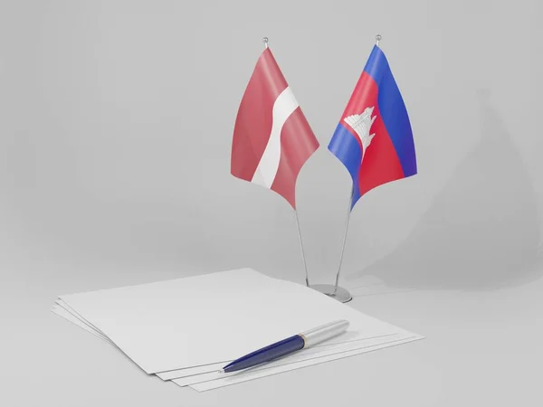 Camboya Banderas Del Acuerdo Letonia Fondo Blanco Render —  Fotos de Stock