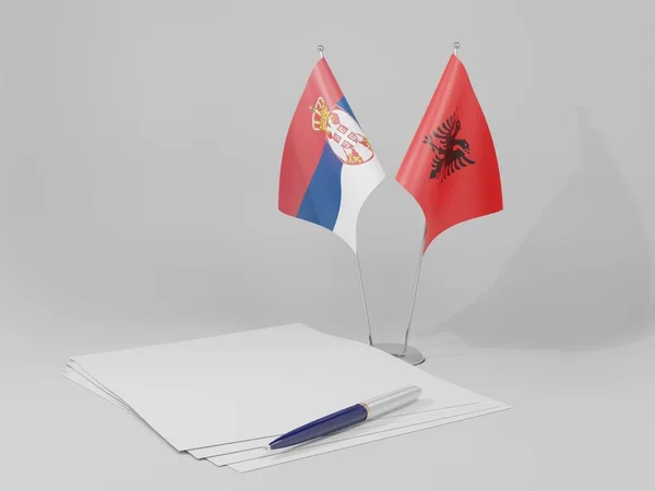 Albánie Srbsko Vlajky Dohody Bílé Pozadí Vykreslování — Stock fotografie