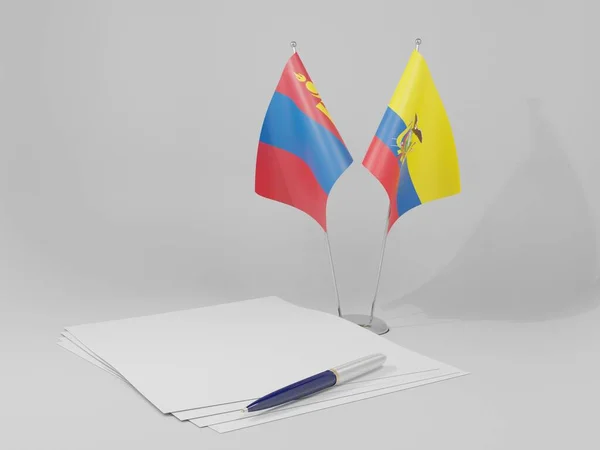 Ecuador Banderas Del Acuerdo Mongolia Fondo Blanco Render —  Fotos de Stock