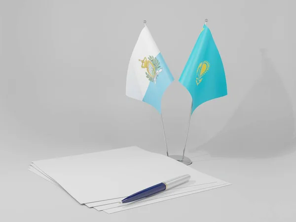 Kazajstán Banderas Del Acuerdo San Marino Fondo Blanco Render —  Fotos de Stock
