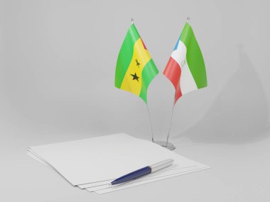 Ekvator Ginesi - Sao Tome ve Principe Anlaşması Bayrakları, Beyaz Arkaplan - 3D Render