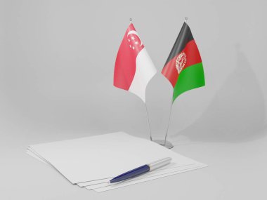 Afganistan - Singapur Anlaşması Bayrakları, Beyaz Arkaplan - 3D Hazırlama