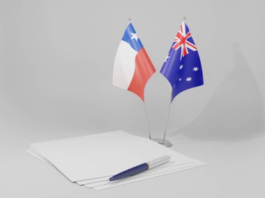 Avustralya - Şili Anlaşması Bayrakları, Beyaz Arkaplan - 3D Hazırlama