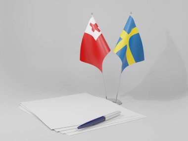 İsveç - Tonga Anlaşması Bayrakları, Beyaz Arkaplan - 3D Hazırlama