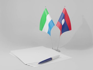 Laos - Sierra Leone Anlaşması Bayrakları, Beyaz Arkaplan - 3D Render