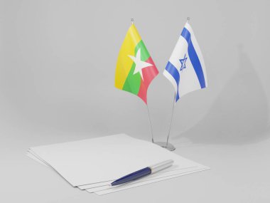İsrail - Myanmar Anlaşması Bayrakları, Beyaz Arkaplan - 3D Hazırlama