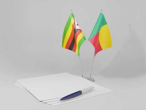 Benin Banderas Del Acuerdo Zimbabue Fondo Blanco Render —  Fotos de Stock