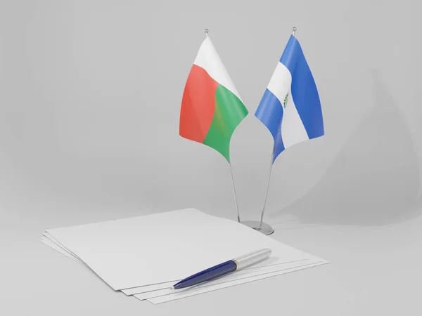 Salvador Bandeiras Acordo Madagascar Fundo Branco Render — Fotografia de Stock