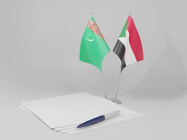 Sudão Acordo Turquemenistão Bandeiras Fundo Branco Render — Fotografia de Stock