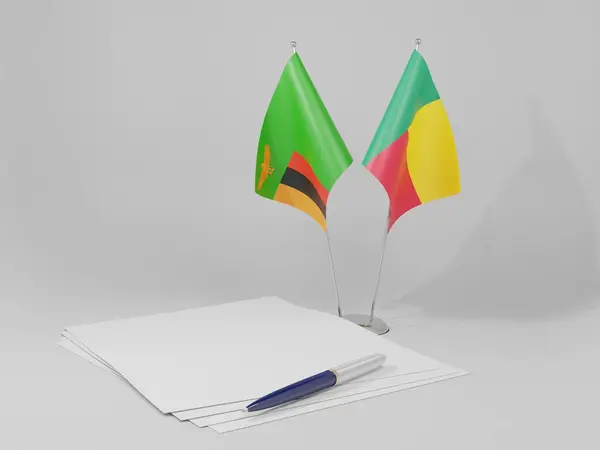 Benin Banderas Del Acuerdo Zambia Fondo Blanco Render —  Fotos de Stock