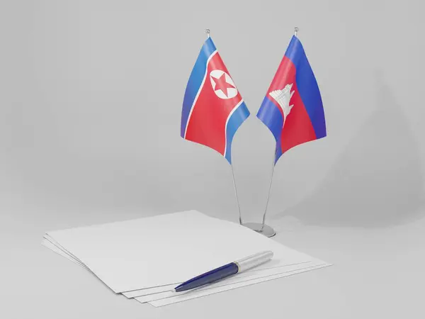 Καμπότζη Συμφωνία Της Βόρειας Κορέας Σημαίες Λευκό Φόντο Render — Φωτογραφία Αρχείου