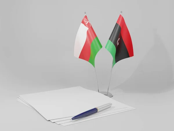 Líbia Bandeiras Acordo Omã Fundo Branco Render — Fotografia de Stock