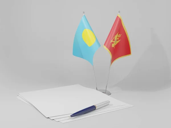 Montenegro Bandeiras Acordo Palau Fundo Branco Render — Fotografia de Stock