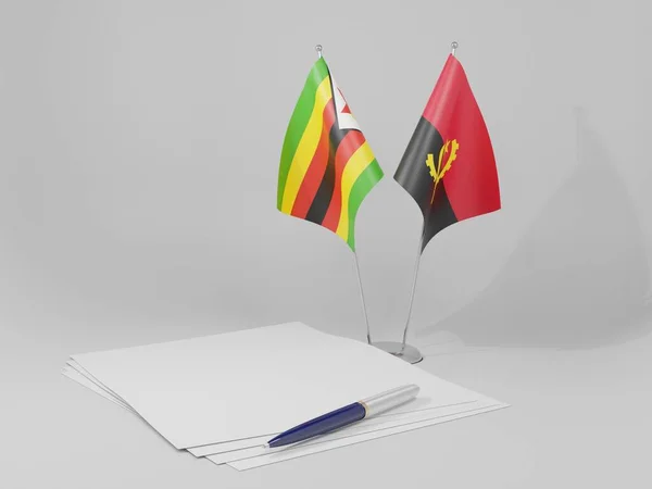 Overeenkomst Tussen Angola Zimbabwe Vlaggen Witte Achtergrond Render — Stockfoto