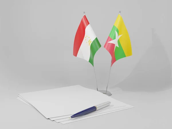 Mjanma Tadżykistan Flagi Umowy Białe Tło Render — Zdjęcie stockowe