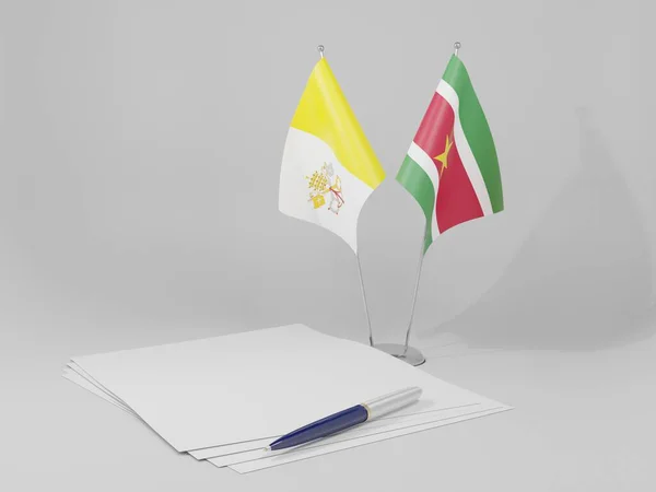 Suriname Città Del Vaticano Contratto Bandiere Sfondo Bianco Render — Foto Stock