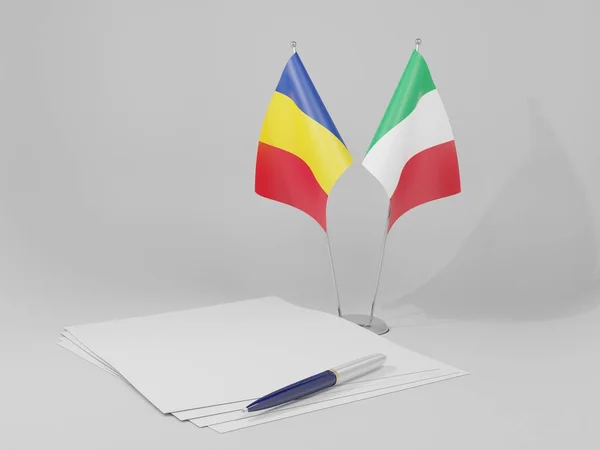 Italie Drapeaux Accord Roumanie Fond Blanc Render — Photo