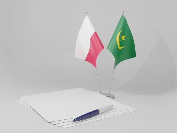 Mauritania Banderas Del Acuerdo Polonia Fondo Blanco Render —  Fotos de Stock