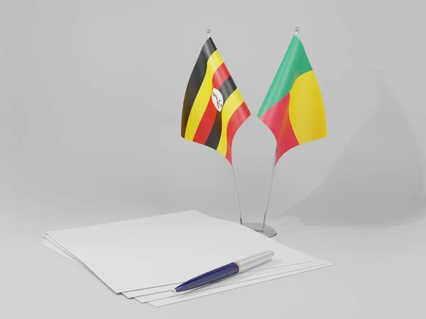 Bandeiras Acordo Benim Uganda Fundo Branco Renderização — Fotografia de Stock