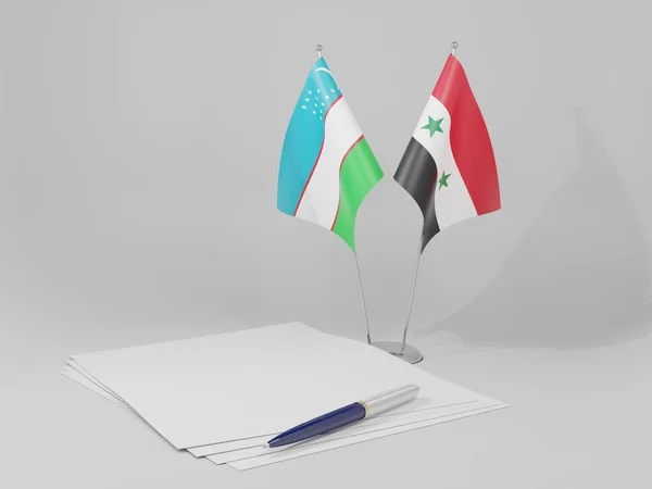 Siria Banderas Del Acuerdo Uzbekistán Fondo Blanco Render — Foto de Stock