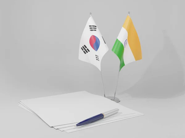 Índia Coreia Sul Bandeiras Acordo Fundo Branco Render — Fotografia de Stock