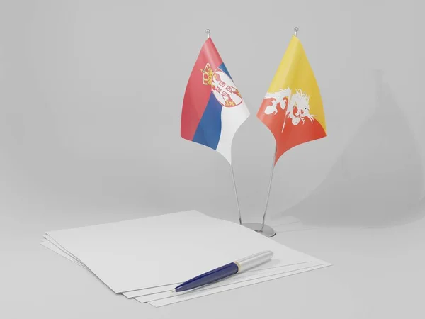 Bhutan Bandiere Dell Accordo Serbia Sfondo Bianco Render — Foto Stock